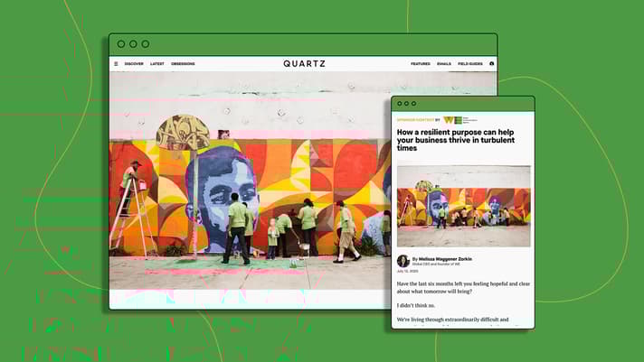 This graphic features screenshots of the desktop and mobile displays of this article, whose feature image is people painting a mural in blue, red, orange and yellow. The mobile screenshot includes the headline of the article.