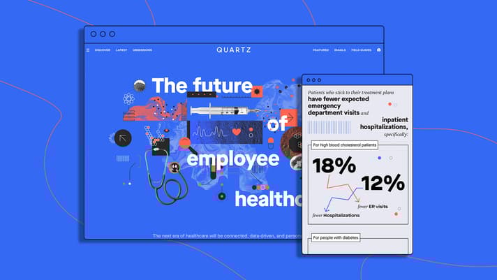 Screengrabs of desktop and mobile iterations of Evernorth field guide, against blue background