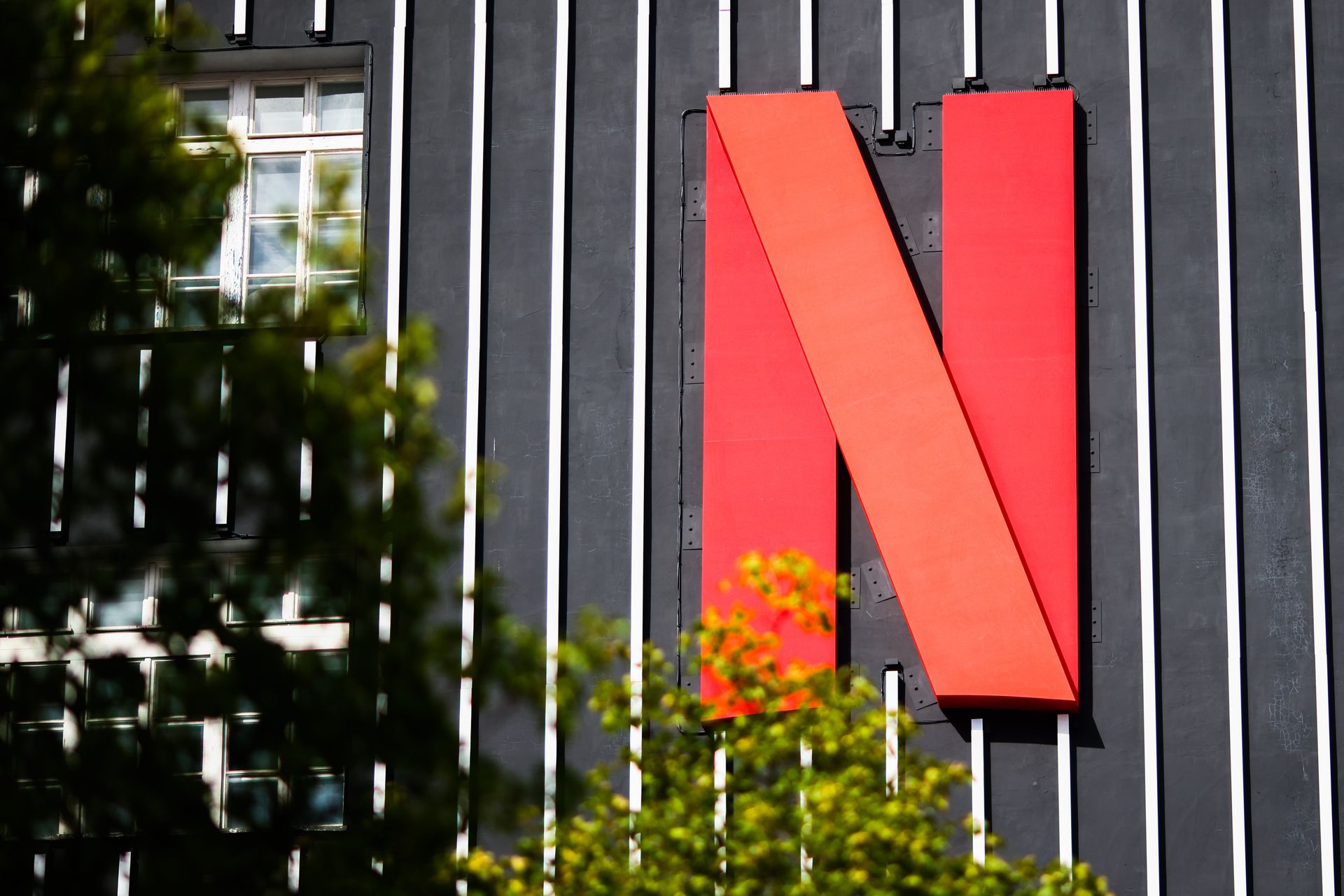 the red Netflix logo is seen on the outside of a black-and-white striped building with a lush green tree in the foreground