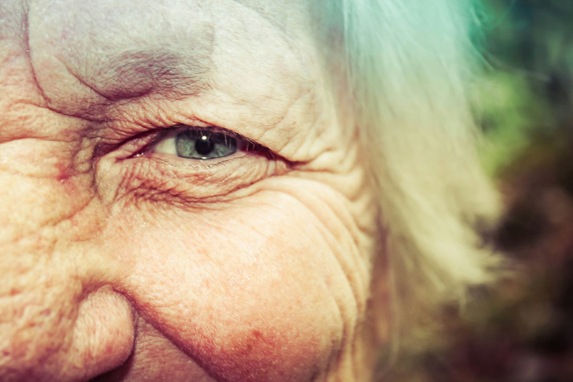A close-up photograph of the face of an older person, featuring a crinkly smile