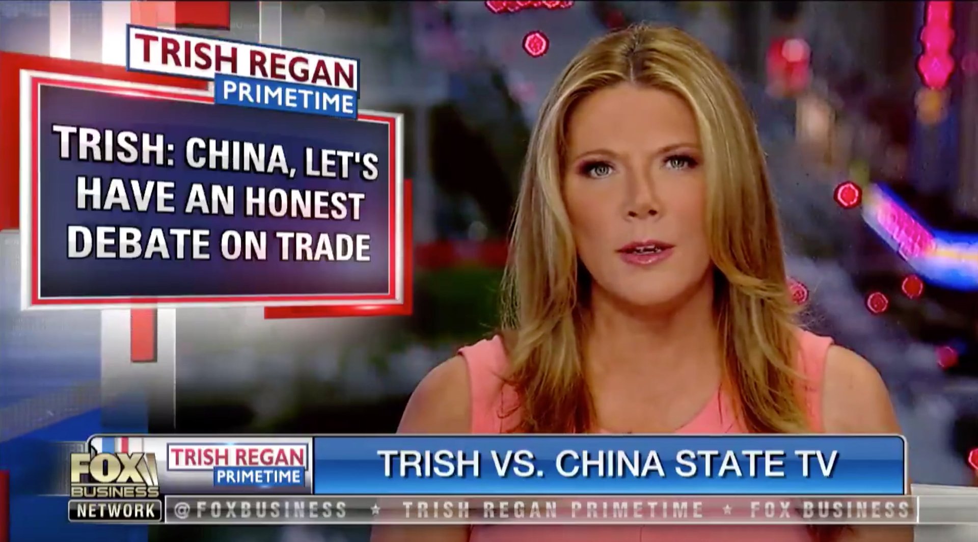 A Fox anchor prepares to “sling facts” in a trade war debate with her Chinese counterpart