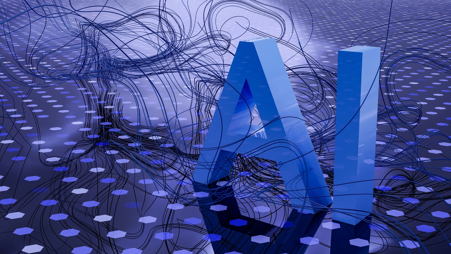 Abstract, computer-generated graphic with the blue letters AI